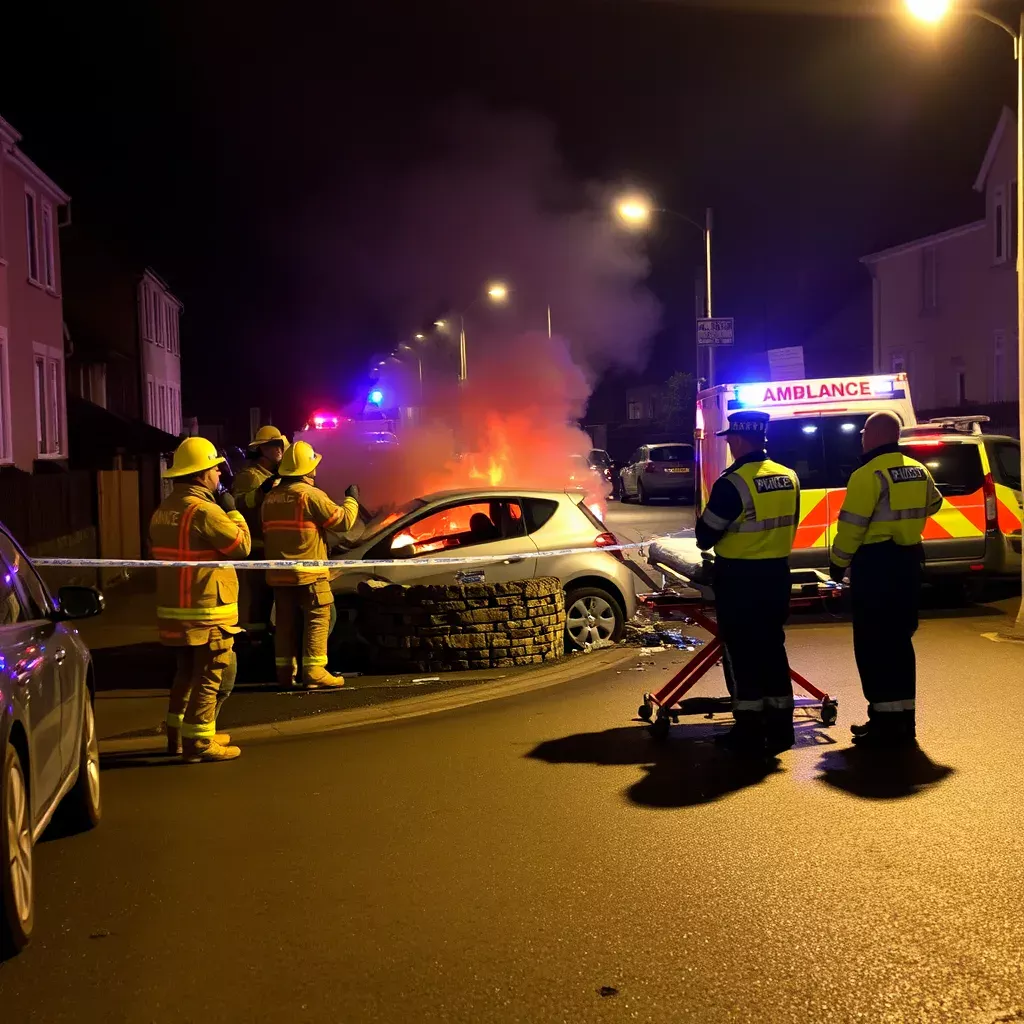 سيارة تصطدم بجدار وتشتعل في كورك.. نقل شخصين إلى المستشفى